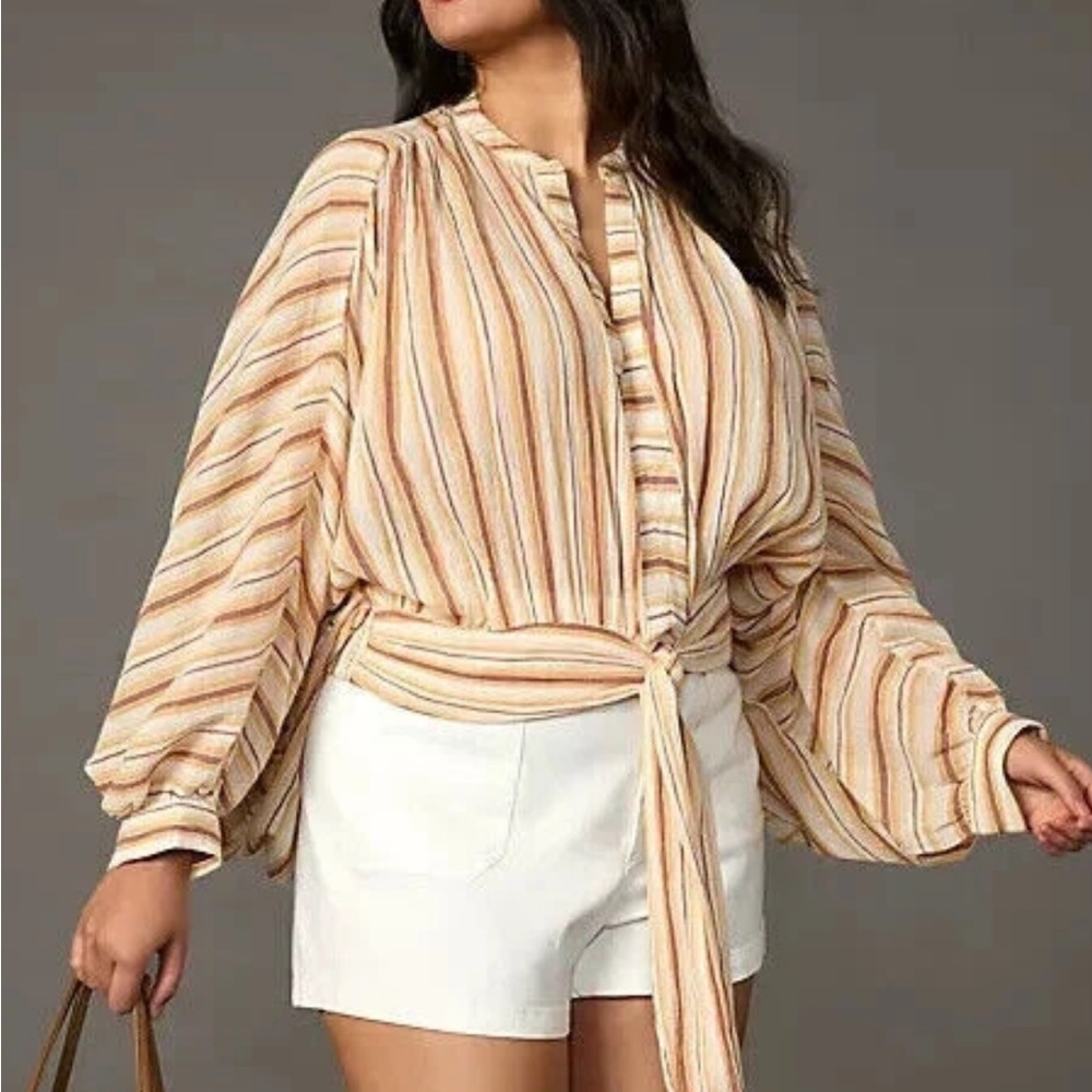 Transition Anthropologie Striped Tie Front Balloon Sleeve Tunic Blouse, XL